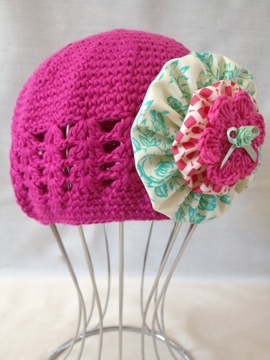 Embellish'd Pink Beanie Blue/Pink Flower Bow